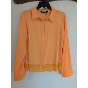 DKNY Top Womens Large Black White Star Print Long Sleeve Button Up Artsy Blouse